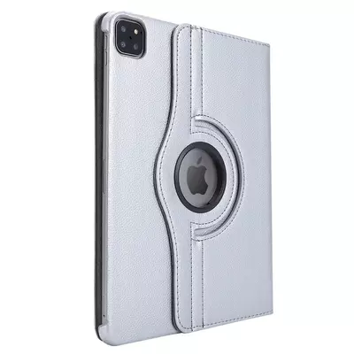 Microsonic Apple iPad Pro 12.9`` 2022 6. Nesil Kılıf (A2436-A2764-A2437-A2766) 360 Rotating Stand Deri Gümüş