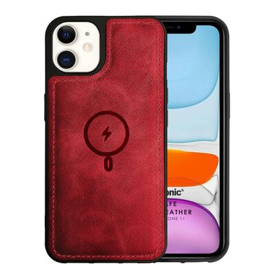 Microsonic Apple iPhone 11 Kılıf MagSafe Genuine Leather Kırmızı