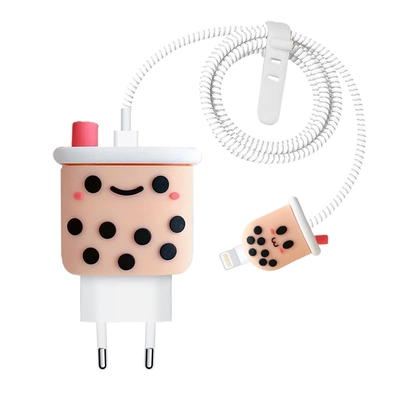 Microsonic Apple iPhone Kablo Koruyucu ve Şarj Adaptör Kılıf Cartoon Figürlü Silikon Crtn-Fgr-Bb-Mlk-Tea
