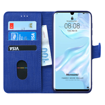 Microsonic Huawei P30 Pro Kılıf Fabric Book Wallet Lacivert