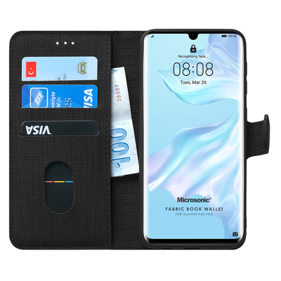 Microsonic Huawei P30 Pro Kılıf Fabric Book Wallet Siyah