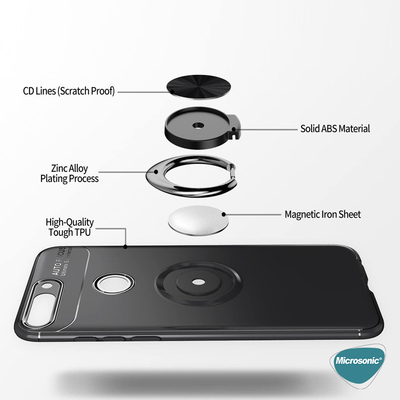 Microsonic Huawei Y7 2018 Kılıf Kickstand Ring Holder Siyah
