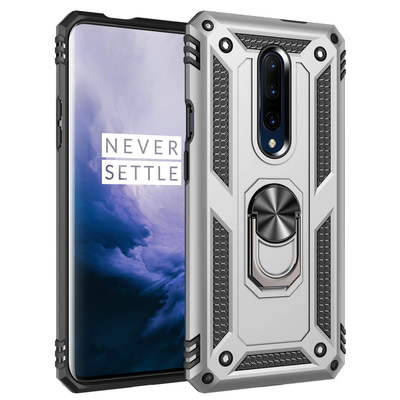 Microsonic OnePlus 7 Pro Kılıf Military Ring Holder Gümüş