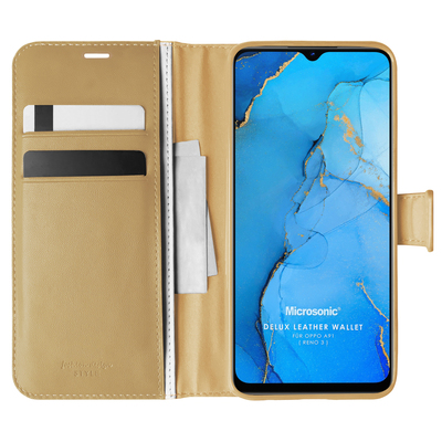 Microsonic Oppo Reno 3 Kılıf Delux Leather Wallet Gold