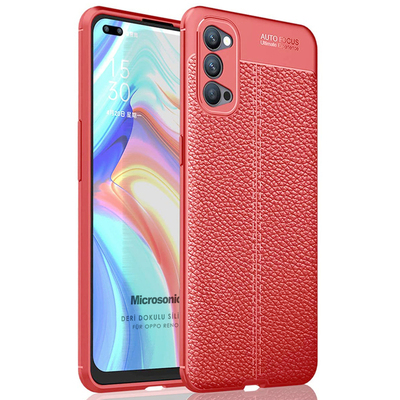 Microsonic Oppo Reno 4 Kılıf Deri Dokulu Silikon Kırmızı