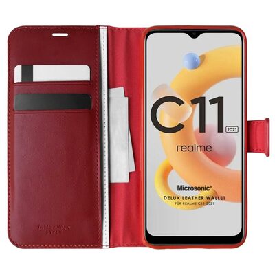 Microsonic Realme C11 2021 Kılıf Delux Leather Wallet Kırmızı