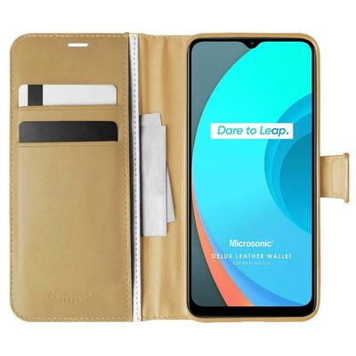 Microsonic Realme C21 Kılıf Delux Leather Wallet Gold