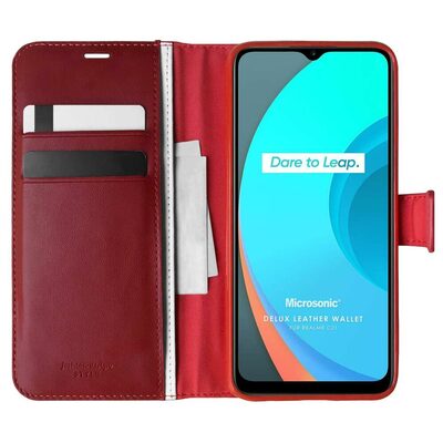 Microsonic Realme C21 Kılıf Delux Leather Wallet Kırmızı