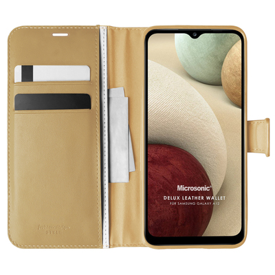 Microsonic Samsung Galaxy A12 Kılıf Delux Leather Wallet Gold