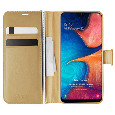 Microsonic Samsung Galaxy A20 Kılıf Delux Leather Wallet Gold