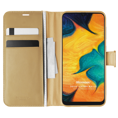 Microsonic Samsung Galaxy A30 Kılıf Delux Leather Wallet Gold