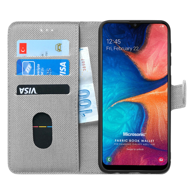 Microsonic Samsung Galaxy A30 Kılıf Fabric Book Wallet Gri