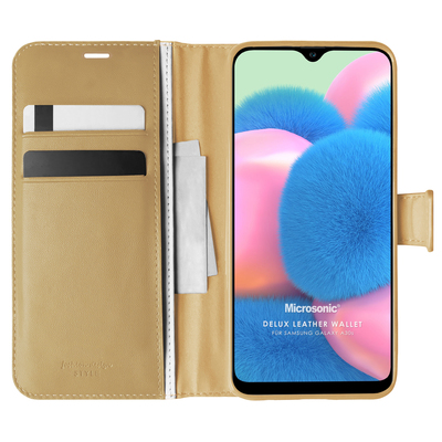 Microsonic Samsung Galaxy A30s Kılıf Delux Leather Wallet Gold