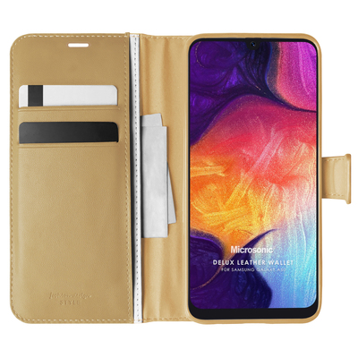 Microsonic Samsung Galaxy A50 Kılıf Delux Leather Wallet Gold