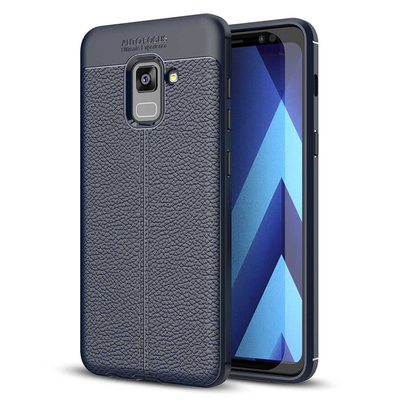 Microsonic Samsung Galaxy A8 Plus 2018 Kılıf Deri Dokulu Silikon Lacivert