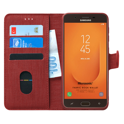 Microsonic Samsung Galaxy J7 Prime 2 Kılıf Fabric Book Wallet Kırmızı