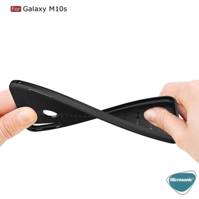 Microsonic Samsung Galaxy M10S Kılıf Deri Dokulu Silikon Siyah