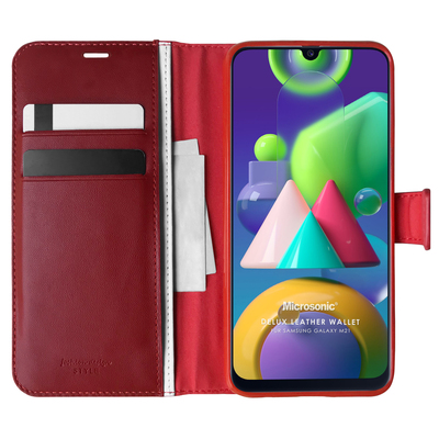 Microsonic Samsung Galaxy M21 Kılıf Delux Leather Wallet Kırmızı