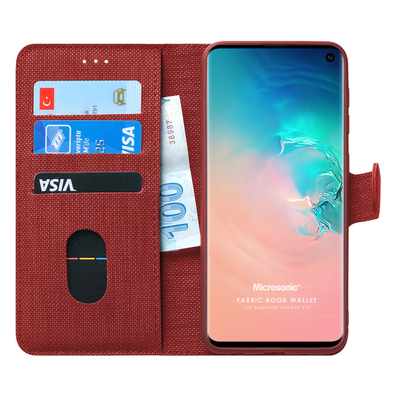 Microsonic Samsung Galaxy S10 Kılıf Fabric Book Wallet Kırmızı