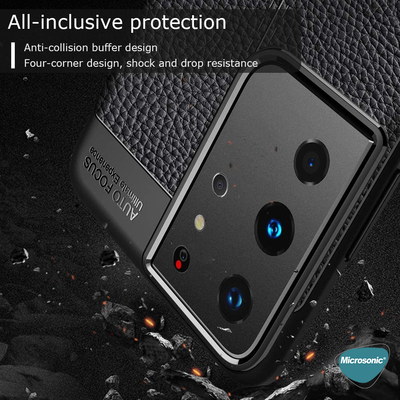 Microsonic Samsung Galaxy S21 Ultra Kılıf Deri Dokulu Silikon Lacivert