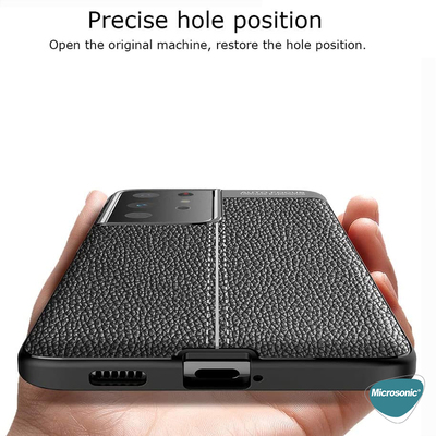 Microsonic Samsung Galaxy S21 Ultra Kılıf Deri Dokulu Silikon Siyah