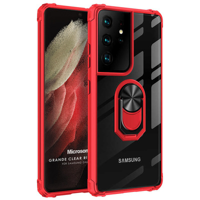 Microsonic Samsung Galaxy S21 Ultra Kılıf Grande Clear Ring Holder Kırmızı