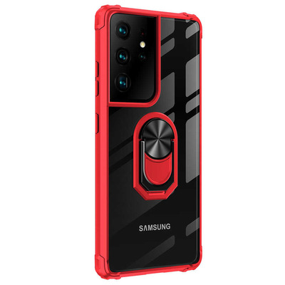 Microsonic Samsung Galaxy S21 Ultra Kılıf Grande Clear Ring Holder Kırmızı