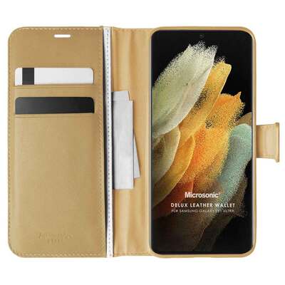 Microsonic Samsung Galaxy S21 Ultra Kılıf Delux Leather Wallet Gold