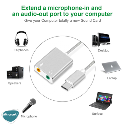 Microsonic Type-C Sound Card Kablo, Type-C to 3.5mm Kulaklık ve Mikrofon Çevirici Adaptör Gri