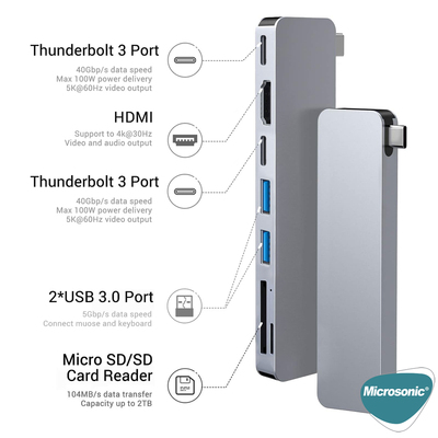 Microsonic Type-C to HDTV Multifunction Adapter 7 Port Macbook 4K HDMI, USB, SD Kart, Dişi Typ-C Dönüştücü Adaptör Kablo Gri