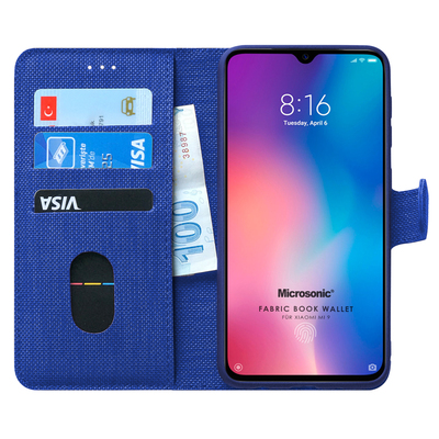 Microsonic Xiaomi Mi 9 Kılıf Fabric Book Wallet Lacivert