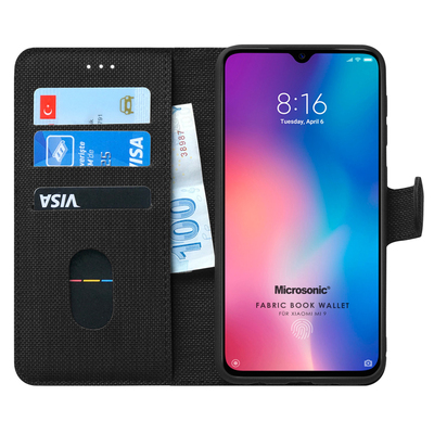 Microsonic Xiaomi Mi 9 Kılıf Fabric Book Wallet Siyah