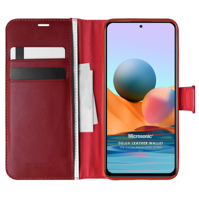 Microsonic Xiaomi Redmi Note 10 Pro Kılıf Delux Leather Wallet Kırmızı
