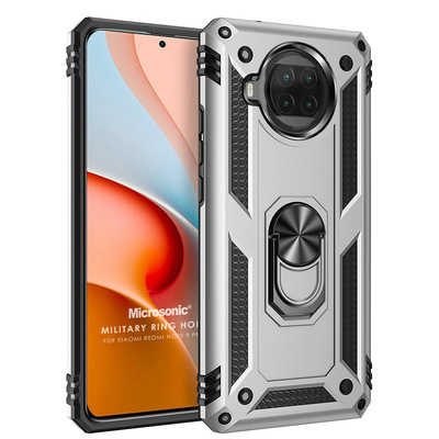 Microsonic Xiaomi Redmi Note 9 Pro 5G Kılıf Military Ring Holder Gümüş