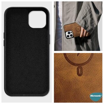 Microsonic Apple iPhone 13 Kılıf MagSafe Genuine Leather Koyu Kahverengi
