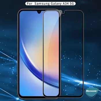 Microsonic Samsung Galaxy A34 Tam Kaplayan Temperli Cam Ekran Koruyucu Siyah