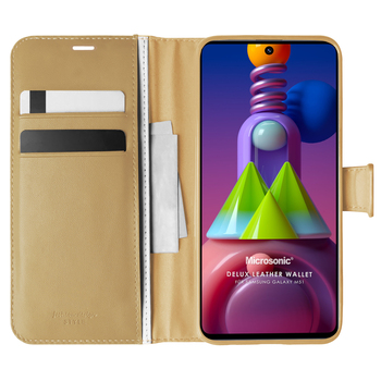 Microsonic Samsung Galaxy M51 Kılıf Delux Leather Wallet Gold