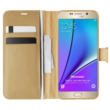 Microsonic Samsung Galaxy Note 5 Kılıf Delux Leather Wallet Gold Microsonic Samsung Galaxy Note 5 Kılıf Delux Leather Wallet Gold