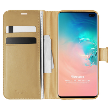 Microsonic Samsung Galaxy S10 Plus Kılıf Delux Leather Wallet Gold Microsonic Samsung Galaxy S10 Plus Kılıf Delux Leather Wallet Gold