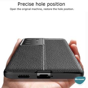 Microsonic Samsung Galaxy S21 Ultra Kılıf Deri Dokulu Silikon Lacivert