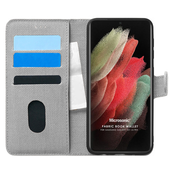 Microsonic Samsung Galaxy S21 Ultra Kılıf Fabric Book Wallet Gri Microsonic Samsung Galaxy S21 Ultra Kılıf Fabric Book Wallet Gri