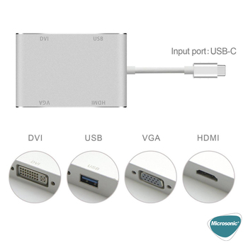 Microsonic Type-C to VGA DVI HDMI USB Adapter 4 in 1 Type-C Dönüştürücü Adaptör Kablo Gri